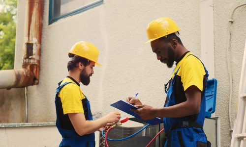 Seasoned mechanic doing condenser investigations, filter replacements and necessary fixes to prevent HVAC system failures while adept repairman coworker writes findings on clipboard