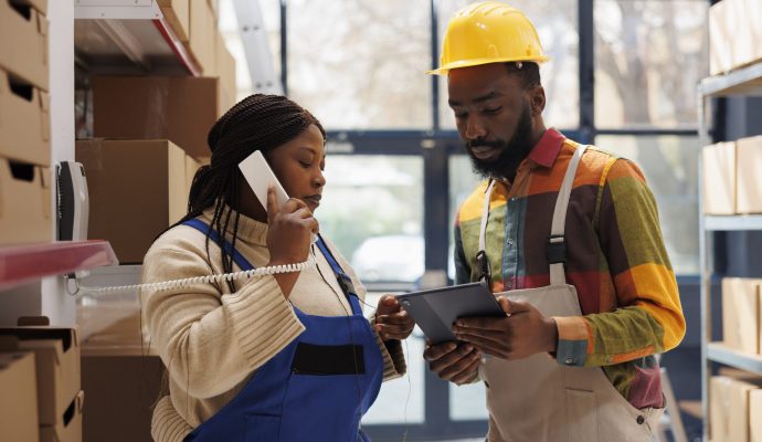 Warehouse manager calling in logistics office, asking about inventory Warehouse manager calling in logistics office and asking about inventory report. African american storehouse workers team looking at stock information on tablet and talking on telephone